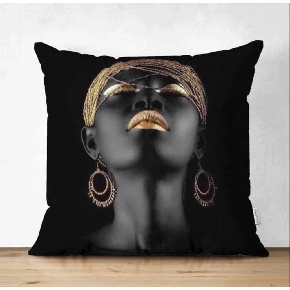 Black Gold African Woman Throw Pillow Case Cover Modern Glam Cushion Art Decor - Picture 3 of 3